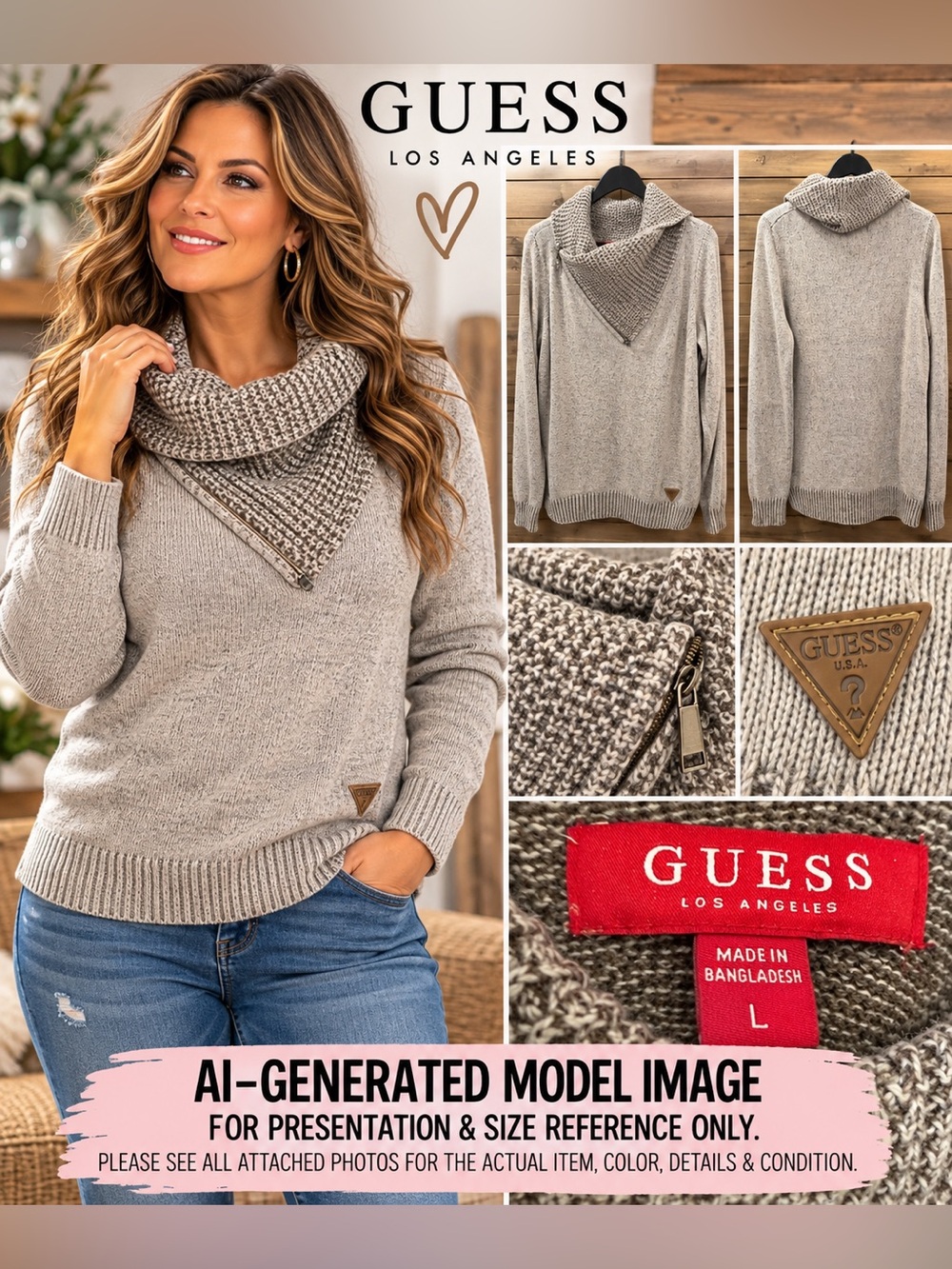 GUESS Gray Marled Knit Asymmetrical Zip Cowl Neck Sweater Large